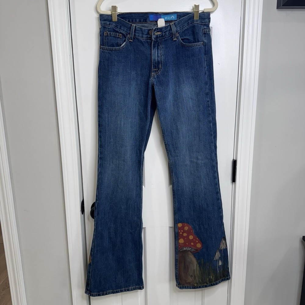 Vintage Delia's Y2K Flare Jeans 7/8 Hand Painted Mushroom Fairycore Cottagecore - Picture 1 of 10